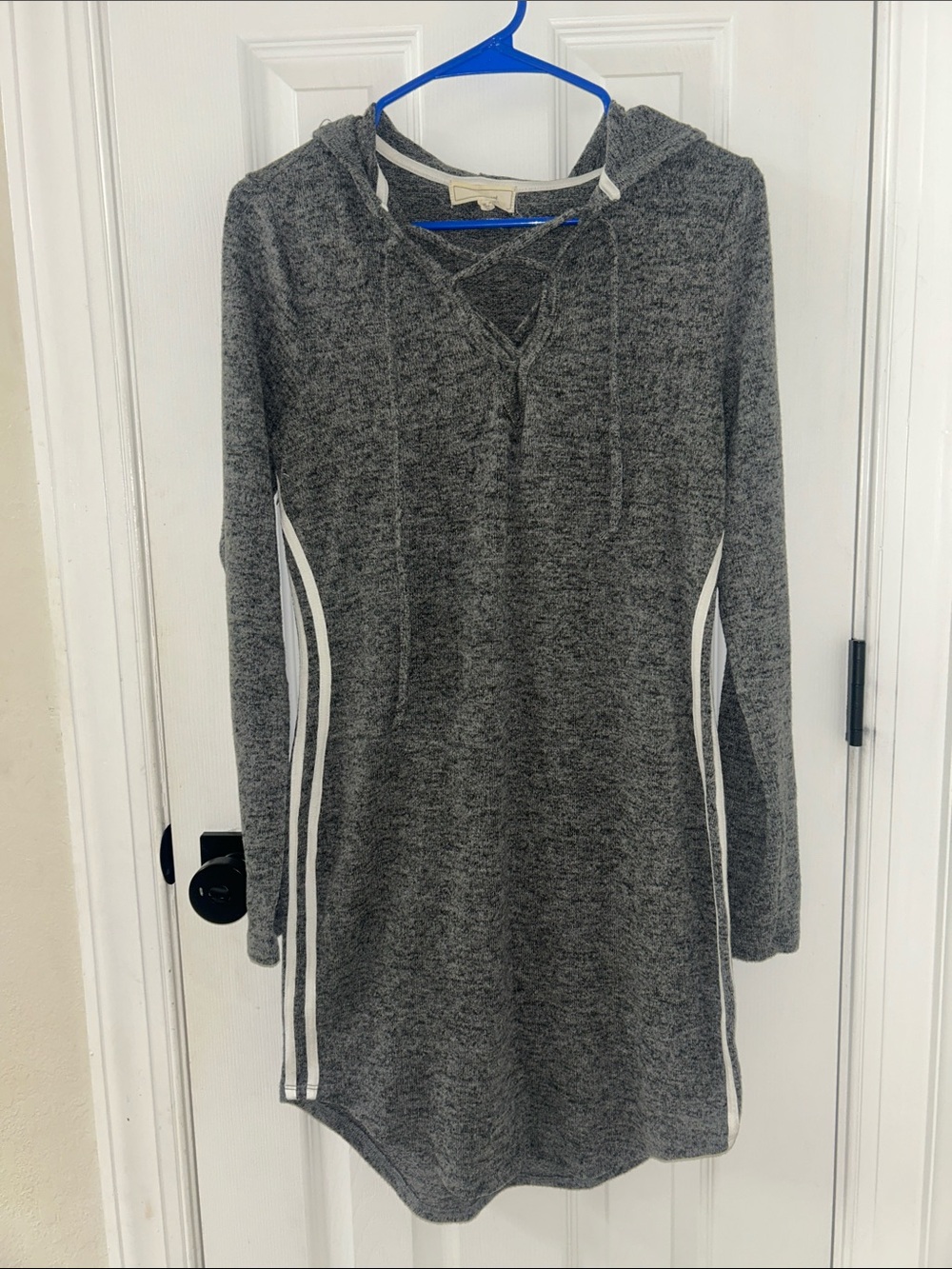 No Comment Gray Hooded Fleece Tunic with White Side Stripes